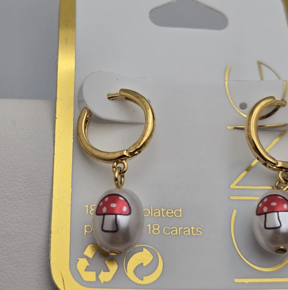Icing Gold-Plated Mushroom Hoop Earrings w/ Faux Pearl Charms - Picture 3 of 7